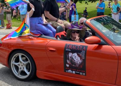 scrappy lady productions: AC Silver as Lucy, Scott Campbell Artistic Director, Tara McLeod (Costume Designer) and Mike Rudd (driver) for Dracula in the Annapolis Royal Pride Parade